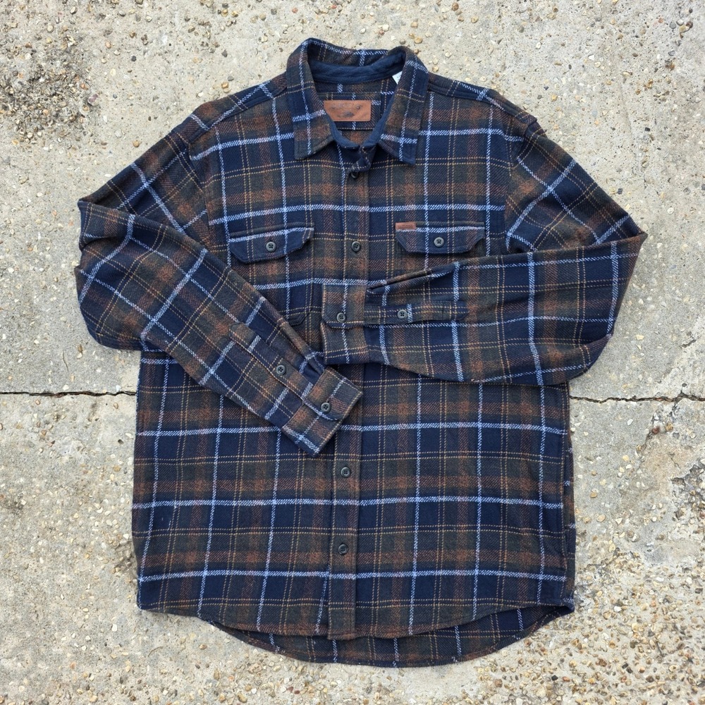 Orvis Heavyweight Flannel Shirt Men's L Blue Brown Plaid Workwear Hiking